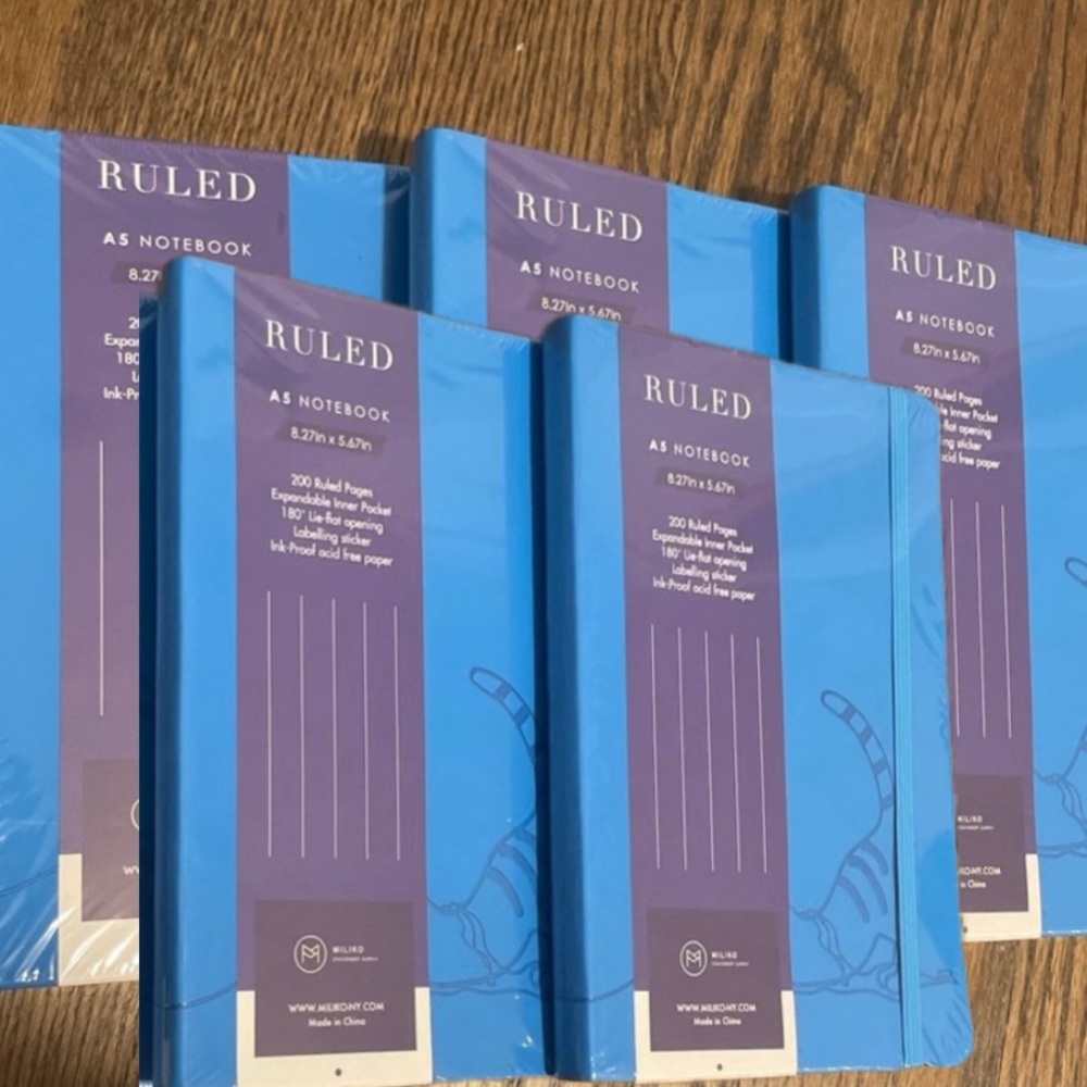 5 pack Blue Cat A5 Soft Touch Cover Banded Ruled Notebook/Journal-100 Sheet